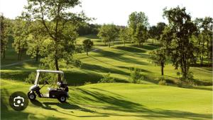 a golf cart on a lush green golf course at Estancia con jardín entre golf y monte - cerca Logroño in Sojuela