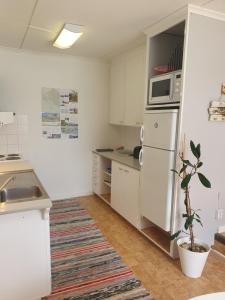 a kitchen with white appliances and a potted plant at Eternus Paradise in Tärnaby