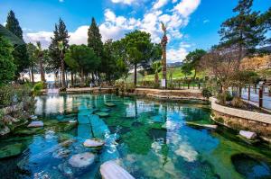a swimming pool in a park with blue water at Gökçen Home in Pamukkale