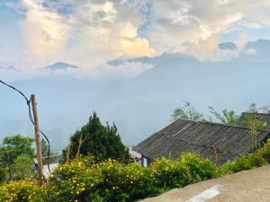 a house with a roof and some yellow flowers at Saigonese Villa in Sapa