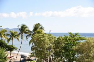 a beach with palm trees and the ocean at Maison Heiwa in Schœlcher