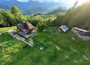 an aerial view of a small house in a field at Велика Дзен Хата in Dzembronya