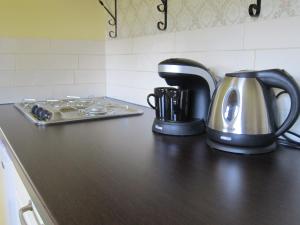eine Küchentheke mit einem Toaster und einem Wasserkocher in der Unterkunft Pipowagen Minicamping De Linde in Merselo
