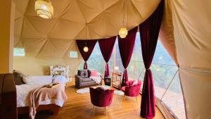 a room with a tent with a bed and chairs at FéLIZA Rainforest Domes in Monteverde Costa Rica