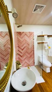 a bathroom with a sink and a mirror and a toilet at Felisa Rainforest Domes in Monteverde Costa Rica +33 photos