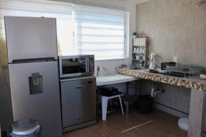 a kitchen with a refrigerator and a counter with a microwave at La Casa De Los Ángeles in Mexico City +31 photos