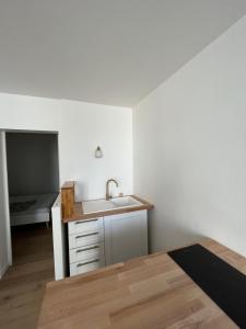 a kitchen with a sink and a tv in a room at Appartement moderne centre ville in Saint-Dizier
