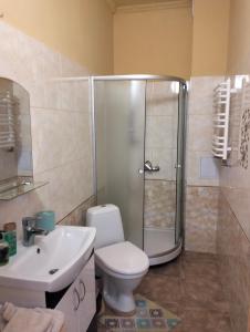 a bathroom with a shower and a toilet and a sink at Вілла Сади Єви in Lyubintsy +22 photos