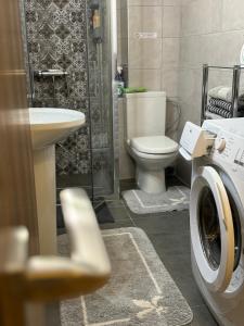 a bathroom with a toilet sink and a washing machine at Home Garden in Igoumenitsa