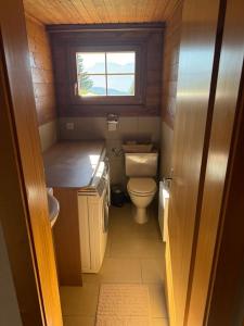 een kleine badkamer met toilet en raam bij Chalet Hofathoru in Belalp