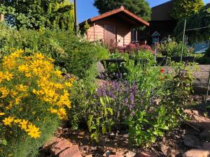 a garden with flowers in front of a house at Ferienwohnung Zum Eduardstal in Reisenbach