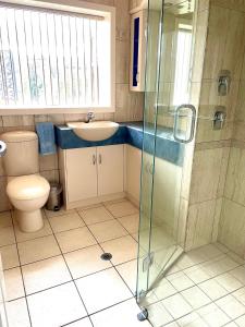 a bathroom with a toilet and a sink and a shower at Kangaroo Island Seabright House in Kingscote
