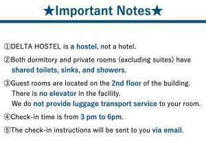 a list of important notes in a document at DELTA HOSTEL in Akita