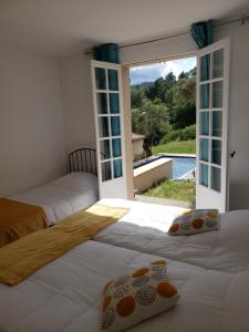 two beds in a room with a view of a pool at Les Claux des Oliviers in Moustiers-Sainte-Marie +38 photos