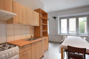 a kitchen with a stove and a sink and a table at Najtańsze noclegi Rybna 9 in Łódź