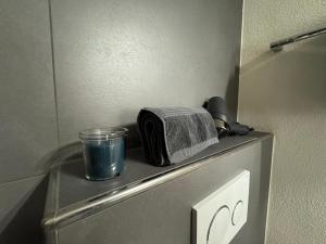 a container on top of a toilet in a room at Appartement au rez-de-chaussée en vieille ville de Porrentruy in Porrentruy