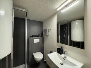 a bathroom with a sink and a toilet and a mirror at Appartement au rez-de-chaussée en vieille ville de Porrentruy in Porrentruy