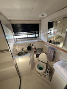 a small bathroom with a toilet and a sink at YACHT "X" - 44 FOOT MODERN YACHT ON 5 STAR OCEAN VILLAGE MARINA - minutes away from city centre and cruise terminals, Free parking ,SPA package available! in Southampton +29 photos