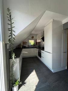 an attic kitchen with white cabinets and a plant at Gemütliches Häuschen im Ortskern von Hohentengen am Hochrhein in Hohentengen