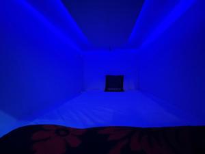 a blue room with a bed with a laptop on it at Madsquad Hostel Dorms & Rooms in Varanasi
