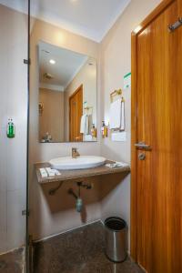 a bathroom with a sink and a large mirror at Le Roi Udaipur in Udaipur