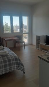 a room with a bed and a table and a kitchen at Udobna Soba Sa Prelepim Pogledom #4 in Mladenovac