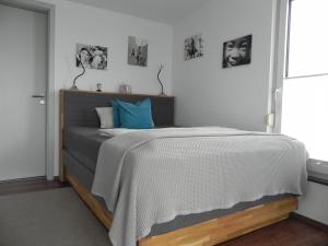 a bedroom with a bed with blue pillows and pictures on the wall at Apartment Schwäbisch Hall in Schwäbisch Hall
