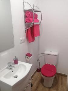 a bathroom with a red toilet and a sink at A CASA Do Camiño in Noya
