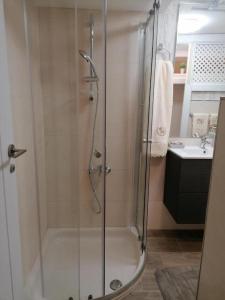 a shower with a glass door in a bathroom at A CASA Do Camiño in Noya