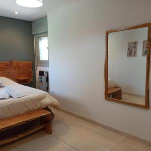 a bedroom with a bed and a mirror on the wall at La Estrella in Huerta Grande +29 photos