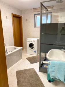 a bathroom with a washing machine and a sink at Ferienwohnung Hubertus in Dürrröhrsdorf
