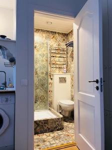 un baño con ducha y WC en Bright and cozy old town studio!, en Tallin