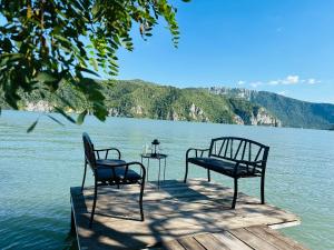 two chairs and a table on a dock in the water at Nature Nook in Eşelniţa