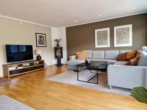 a living room with a couch and a tv at Hessahuset in Ålesund