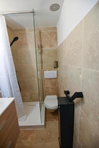a bathroom with a toilet and a glass shower at Les Chambres du Clavero in Claviers +5 photos