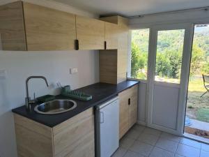 a kitchen with a sink and a large window at Le chalet des amis in Aurec-sur-Loire