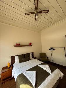 a bedroom with a bed and a ceiling fan at Historical Greco-Ottoman Pavilion near Tram in Fatih in Istanbul +95 photos