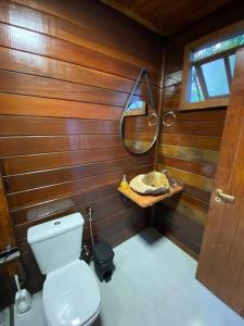 a bathroom with a toilet and a mirror at Encanto da Mata - Jacarandá - Lavras Novas-MG in Lavras Novas
