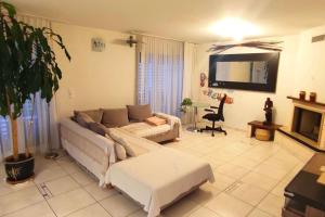 a living room with a couch and a tv at Villa Matthy Casa con giardino fronte fiume possibile nuotare in Gebenstorf