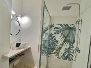 Un baño con ducha de cristal con lavabo. en Studio vieil Antibes et mezzanine proche de la mer, en Antibes 2 fotos más