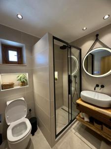 a bathroom with a shower and a toilet and a sink at Tapanis luxury house in Líndos +10 photos