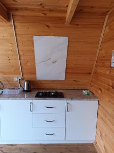 a kitchen with white cabinets and a wall with wood at Cottage Natali in Kazbegi +19 photos