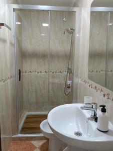 マラガにあるApto Ana. Malaga Centroの白い洗面台とシャワー付きのバスルーム