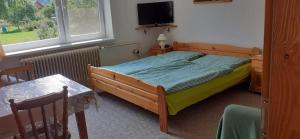 een slaapkamer met een bed, een tafel en een televisie bij Apartmán Siná in Lazisko