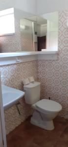 een badkamer met een toilet, een wastafel en een spiegel bij Apartmán Siná in Lazisko