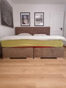 a bed in a room with a wooden floor at Gemütliche Wohnung Rothaarsteig Ski Sauna Ruhrtal Green Hill in Schmallenberg