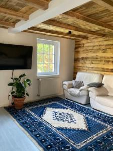 a living room with a couch and a tv at Maison avec piscine privée au calme in Schlierbach