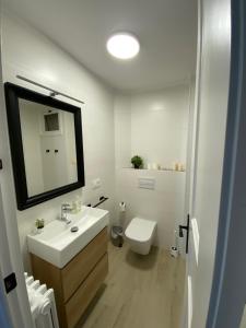 a bathroom with a sink and a toilet and a mirror at Principal Casa Pomar in Camprodon +18 photos