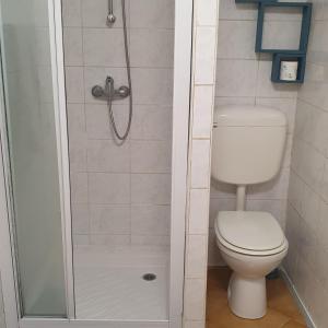 a bathroom with a toilet and a shower at La DOGARESSA in Porto Viro +15 photos