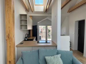 a living room with a couch and a kitchen at Apartament Franciszkańska 3 in Tarnów +13 photos